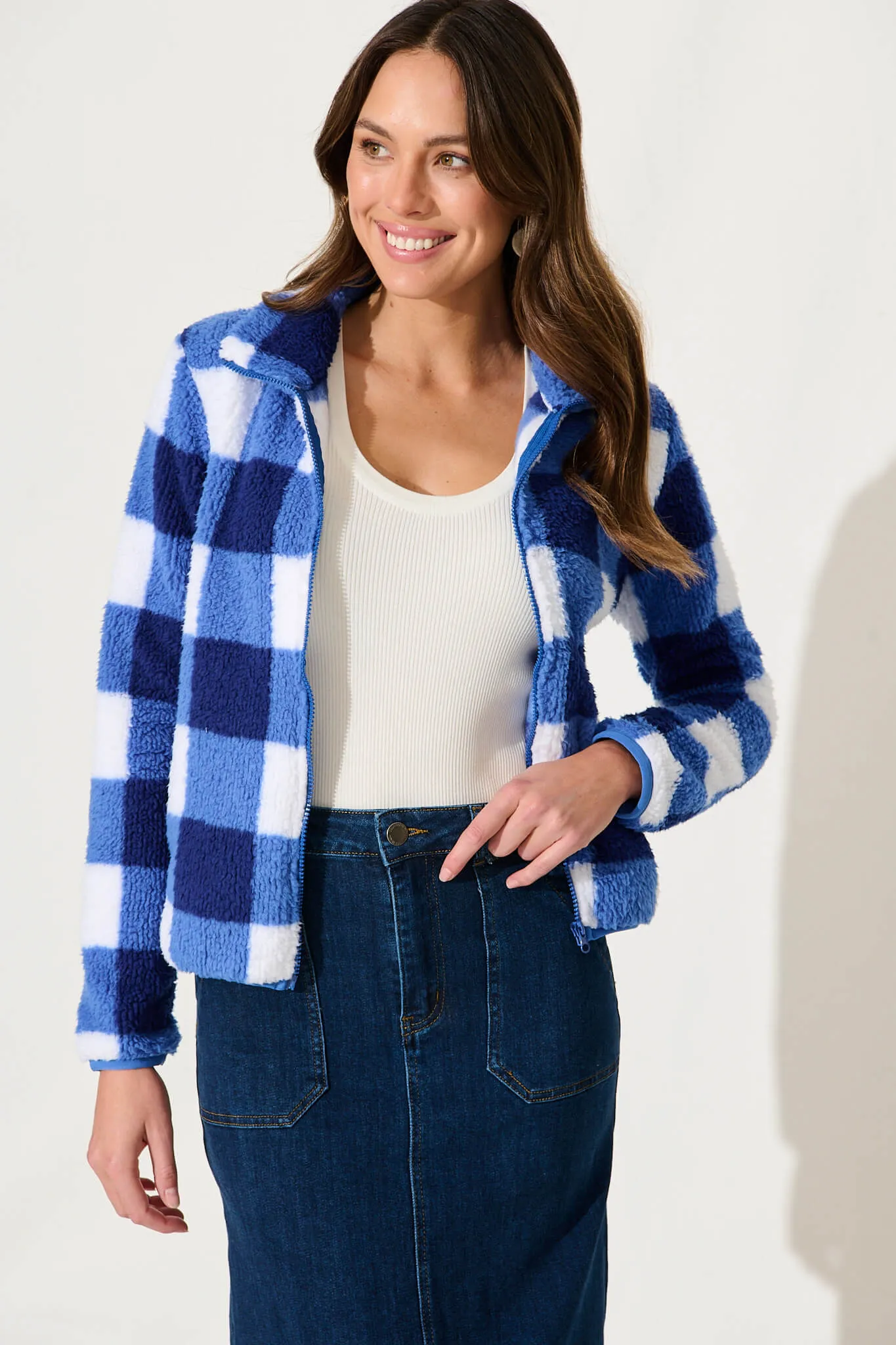 Linea Fluffy Jacket In Cobalt With White Check