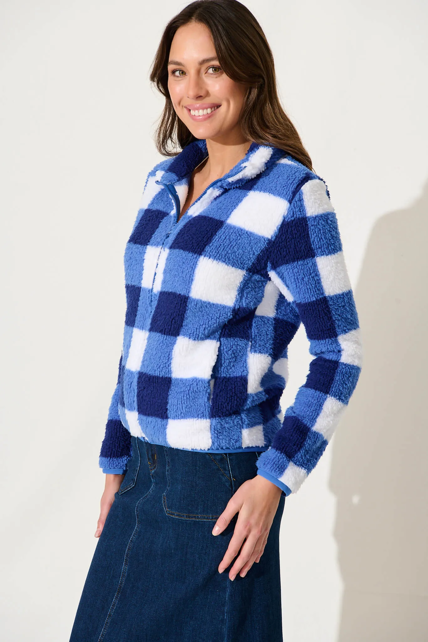 Linea Fluffy Jacket In Cobalt With White Check