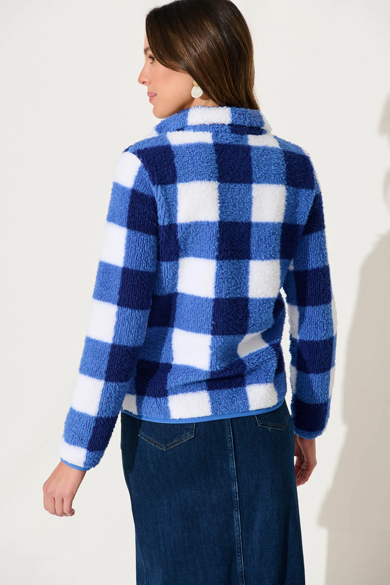 Linea Fluffy Jacket In Cobalt With White Check