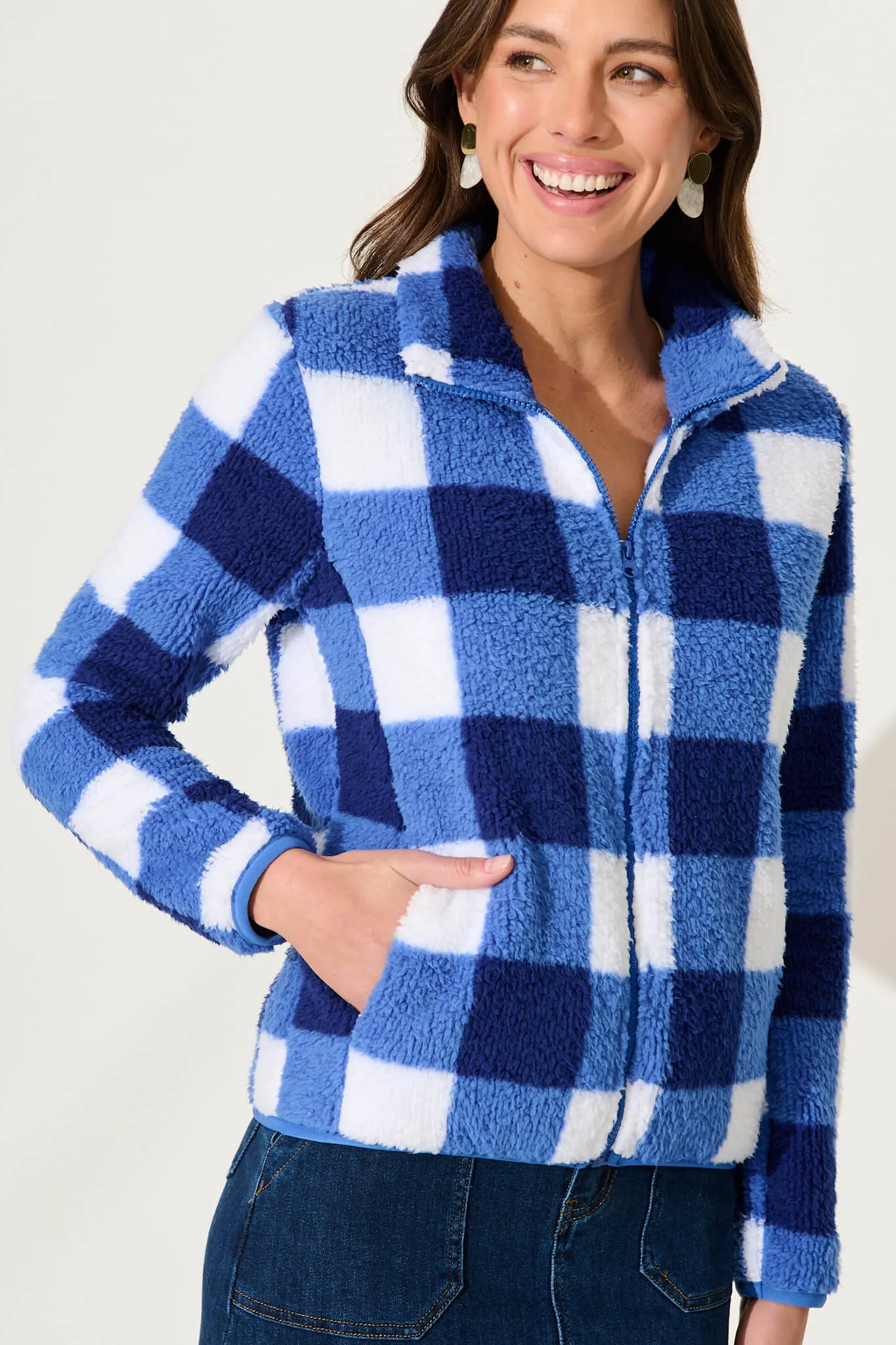 Linea Fluffy Jacket In Cobalt With White Check