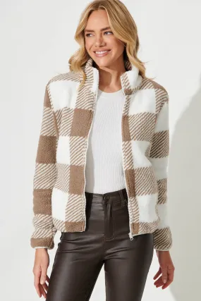 Linea Fluffy Jacket In Mocha With White Check