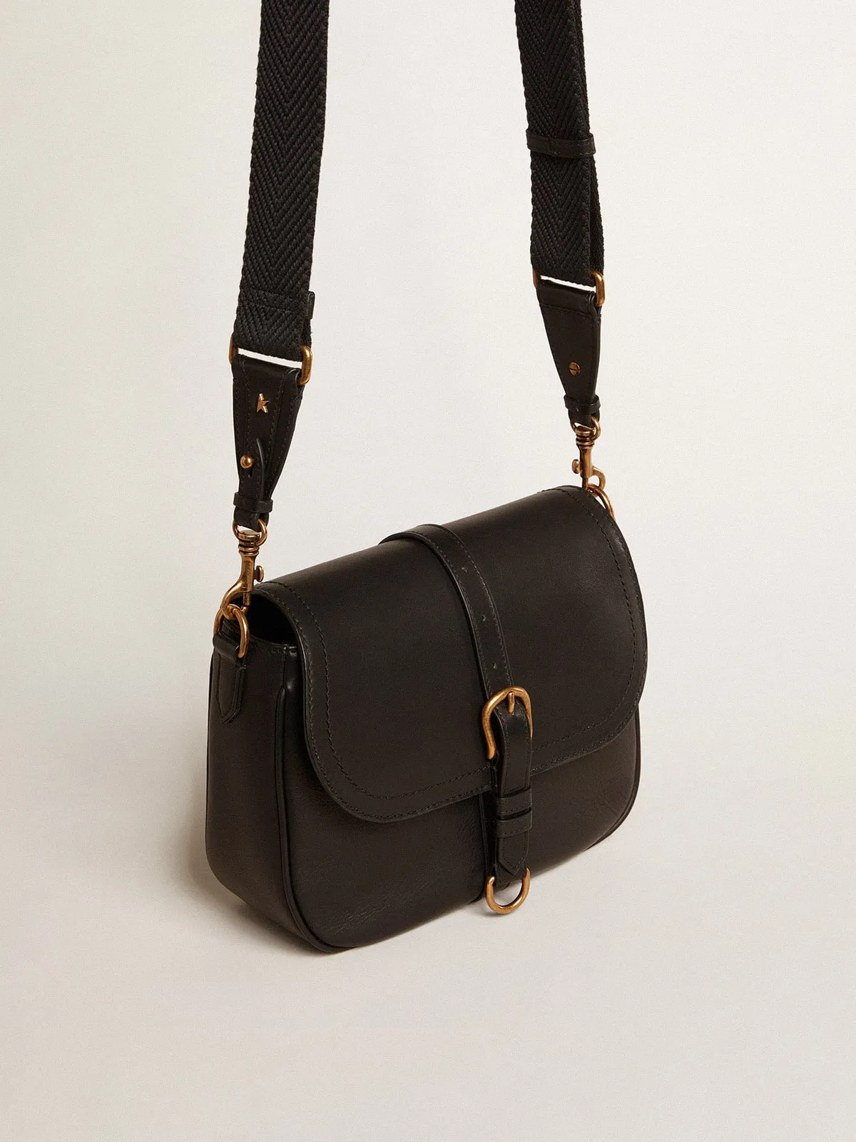 Medium Sally Bag in black leather with buckle and shoulder strap