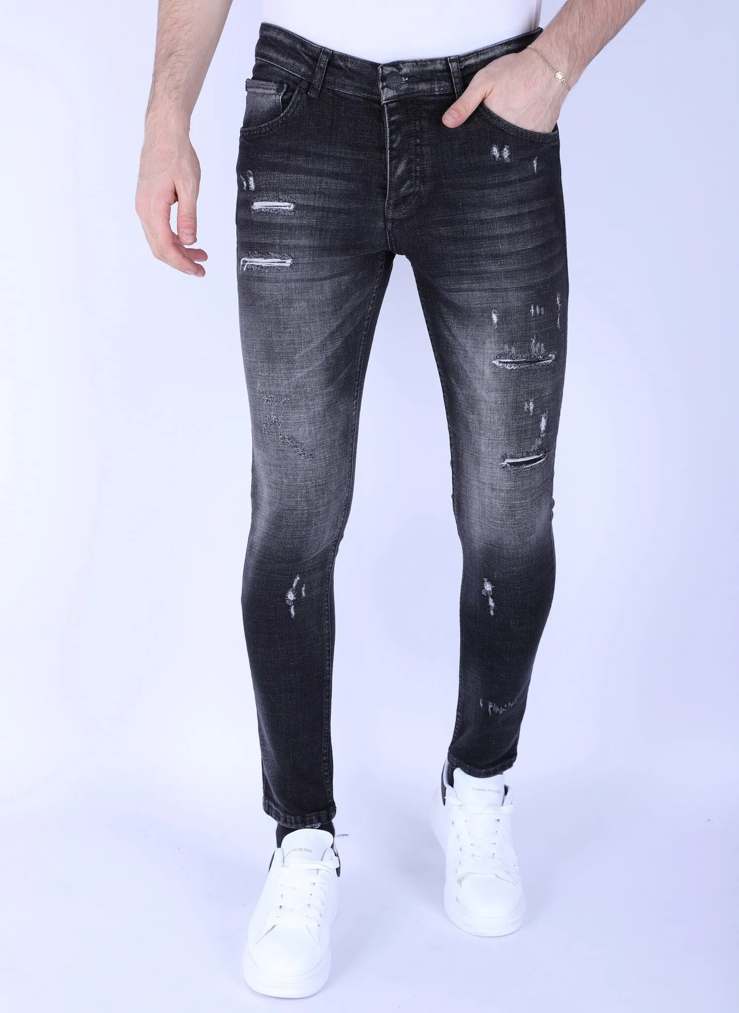 Men's Slim Fit Stone Wash Jeans with Holes |