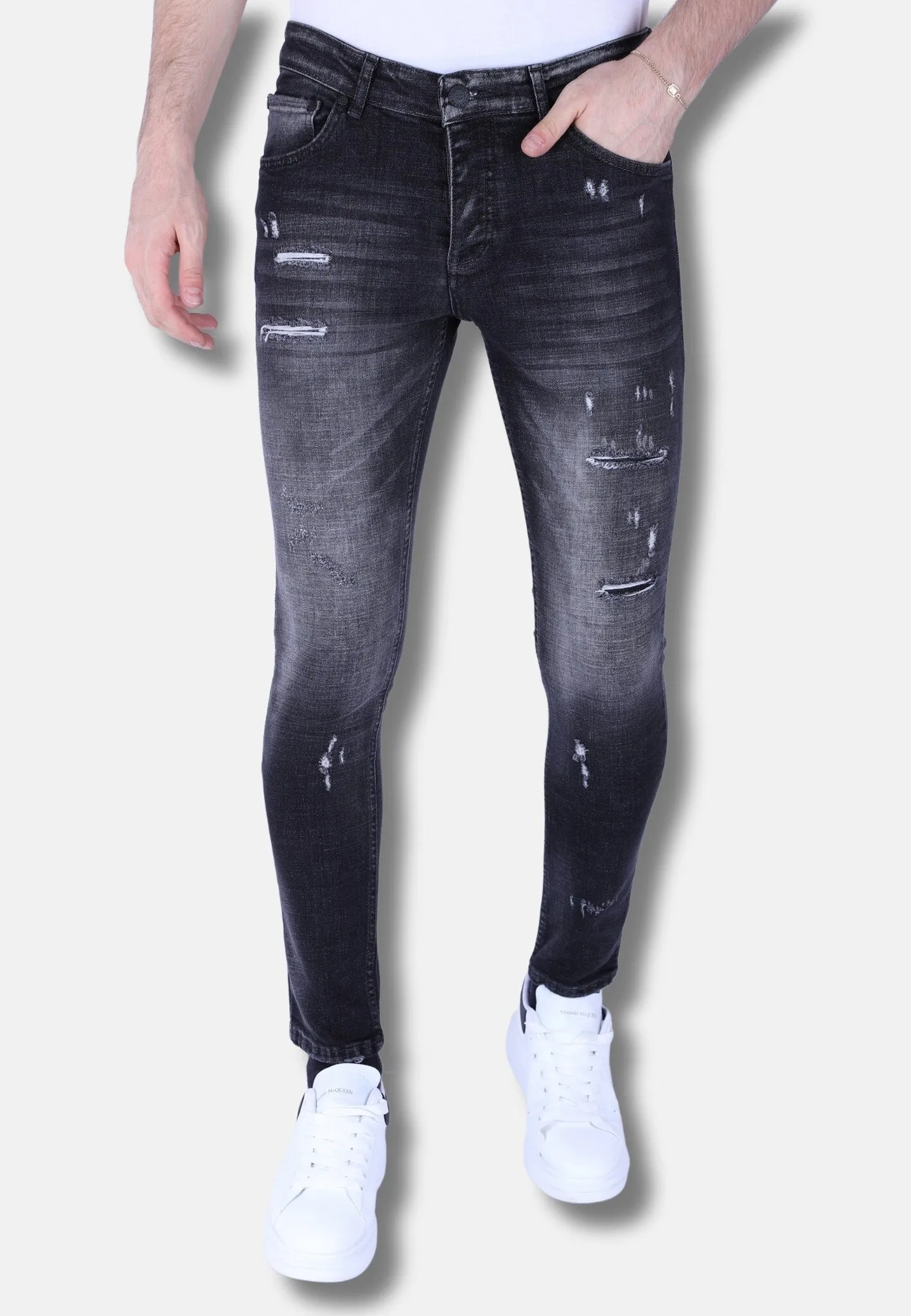 Men's Slim Fit Stone Wash Jeans with Holes |