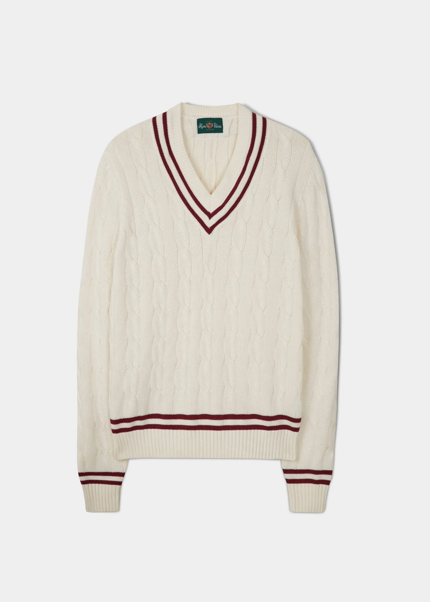 Men's Cable Knit Cricket Jumper In Ecru & Claret - Alan Paine UK