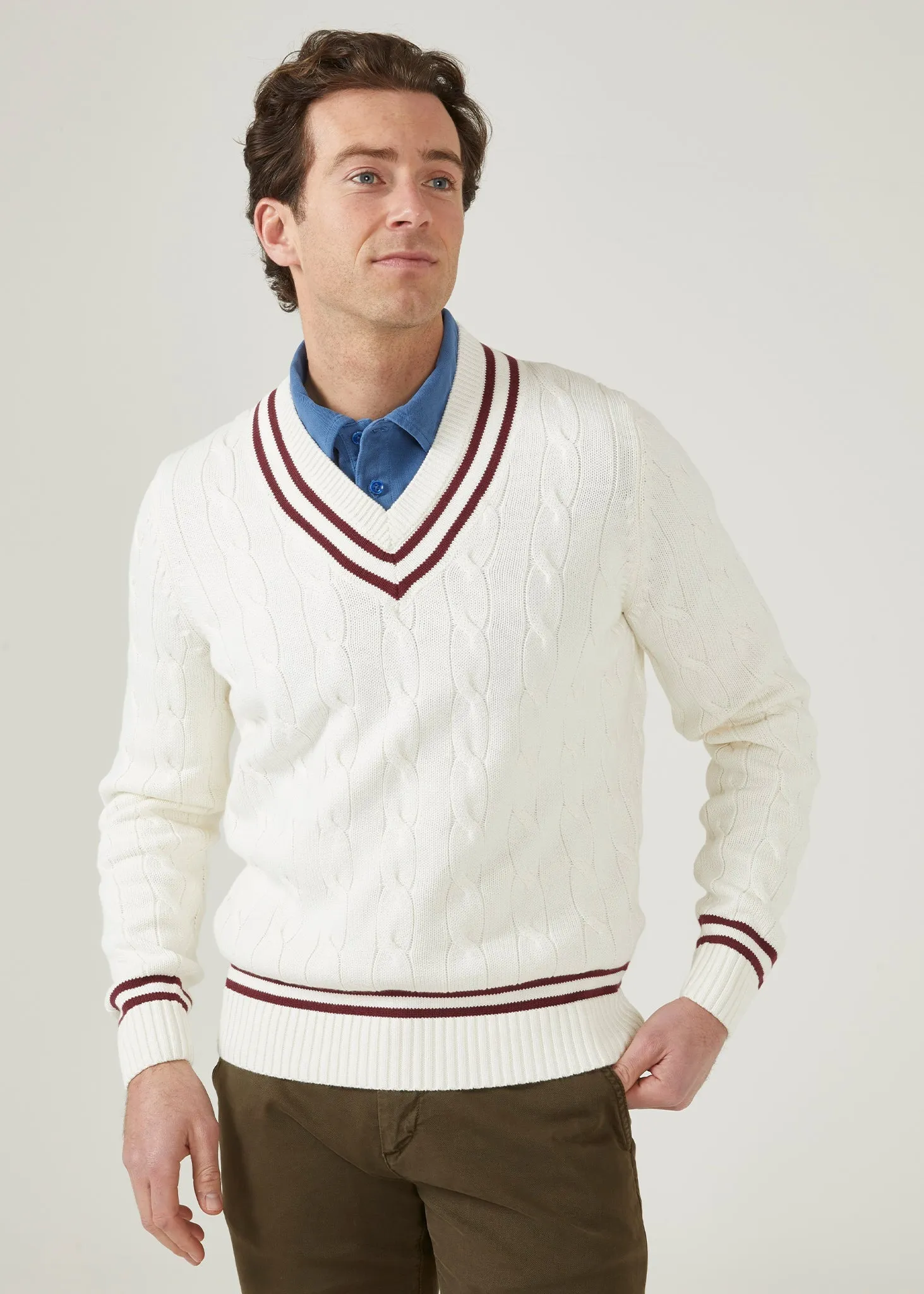 Men's Cable Knit Cricket Jumper In Ecru & Claret - Alan Paine UK