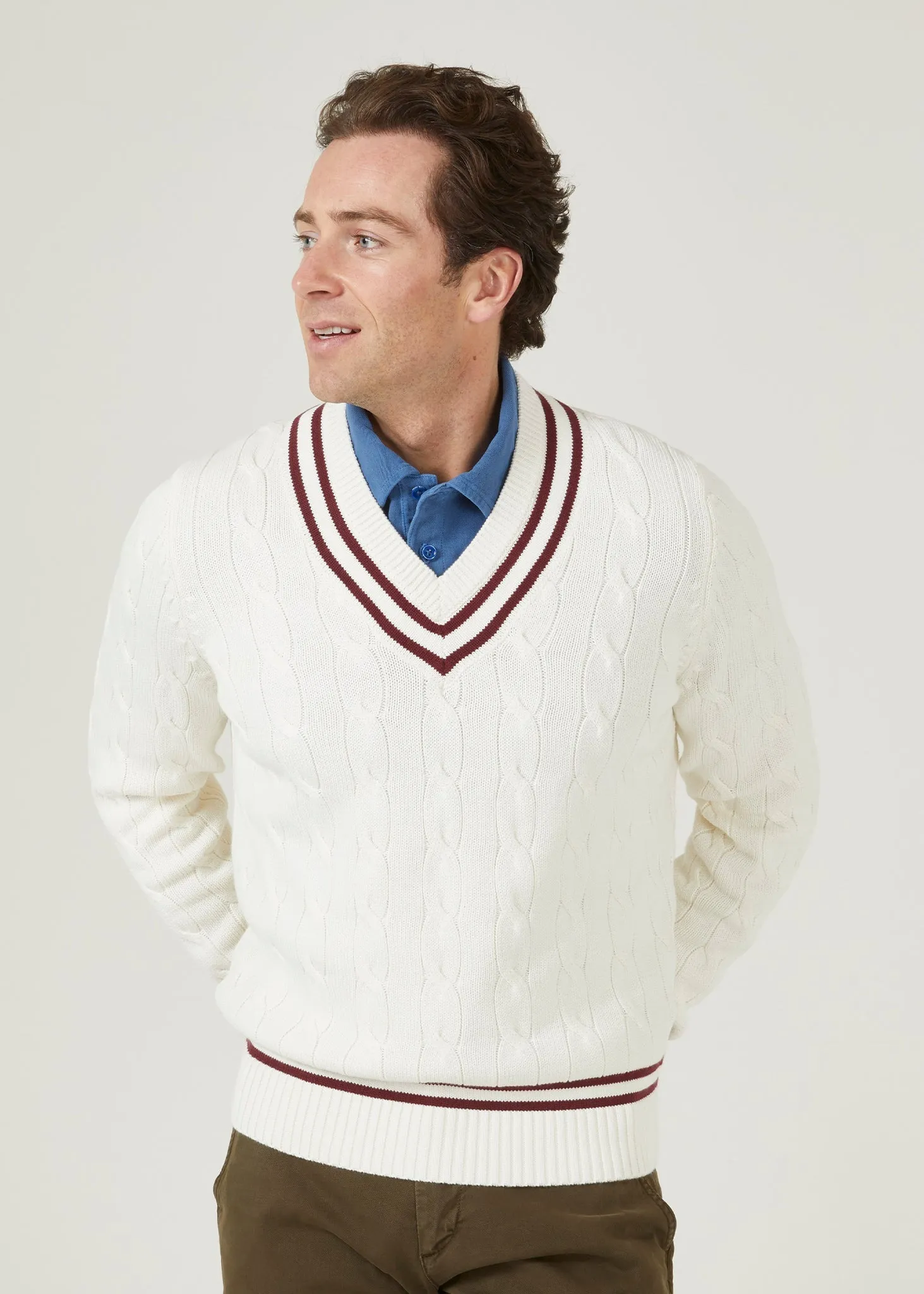 Men's Cable Knit Cricket Jumper In Ecru & Claret - Alan Paine UK