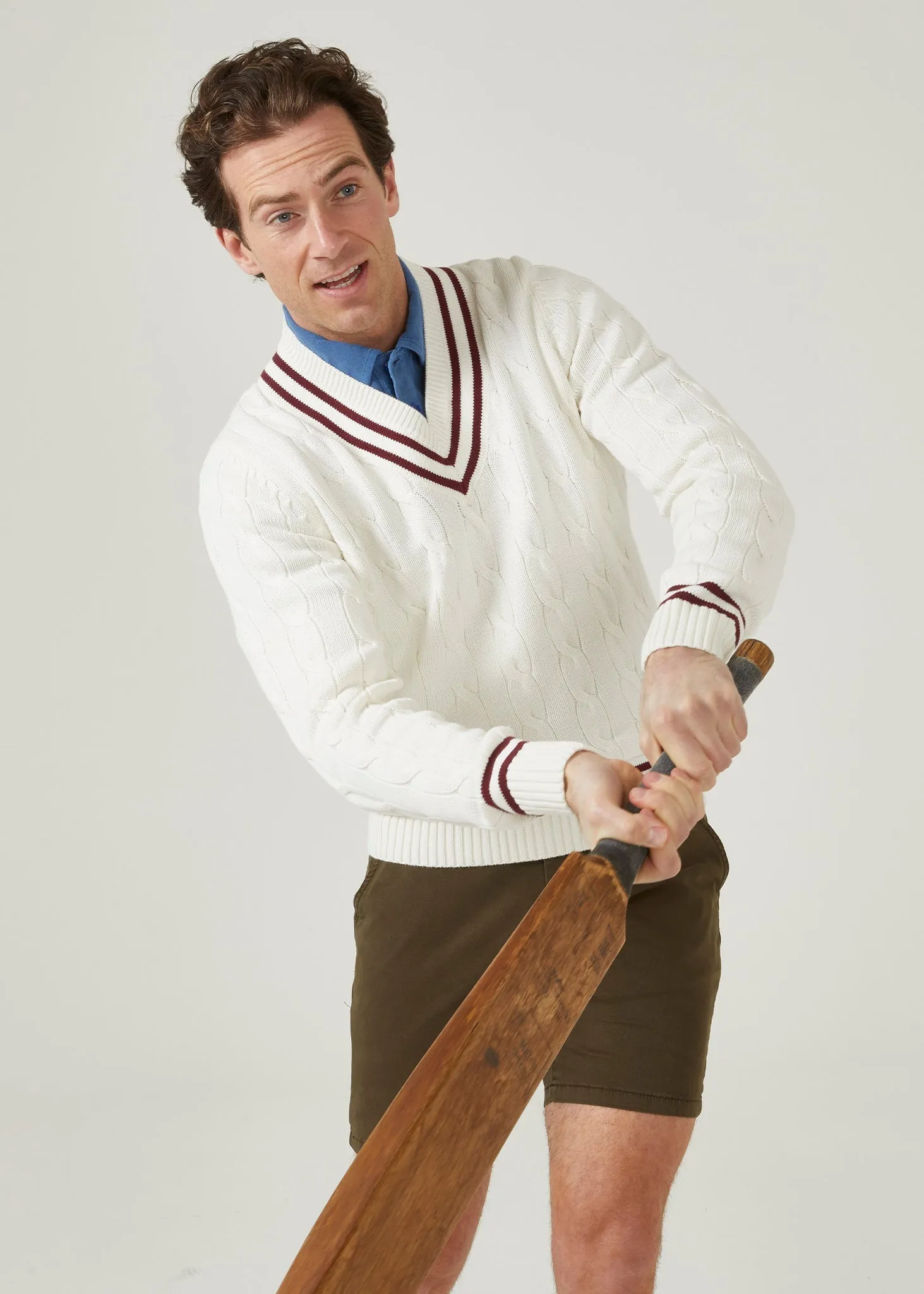 Men's Cable Knit Cricket Jumper In Ecru & Claret - Alan Paine UK