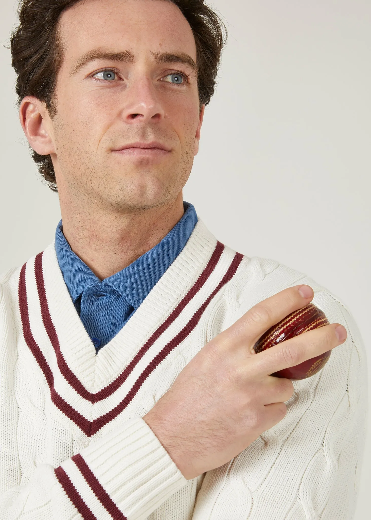 Men's Cable Knit Cricket Jumper In Ecru & Claret - Alan Paine UK