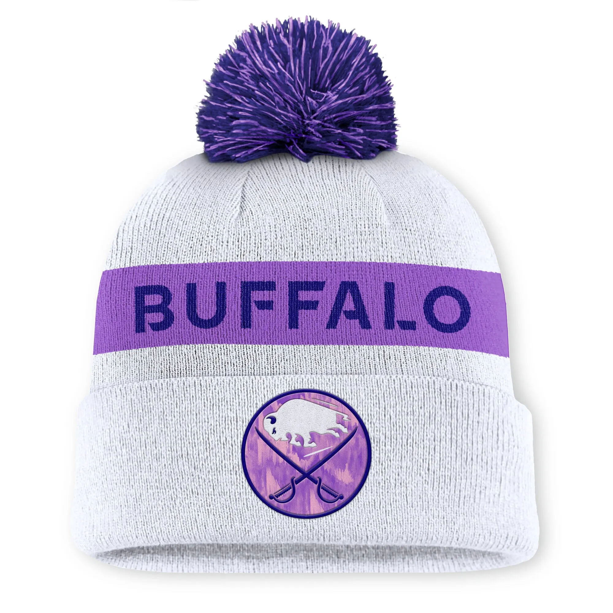 Men's Buffalo Sabres Fanatics White Hockey Fights Cancer Authentic Pro Cuffed Knit Hat with Pom