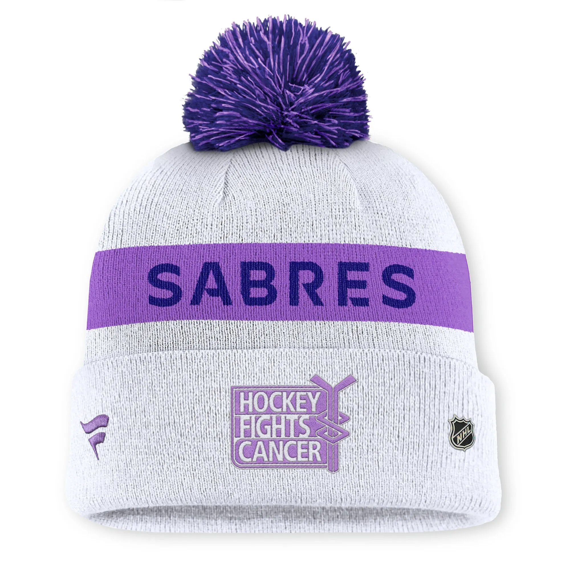 Men's Buffalo Sabres Fanatics White Hockey Fights Cancer Authentic Pro Cuffed Knit Hat with Pom