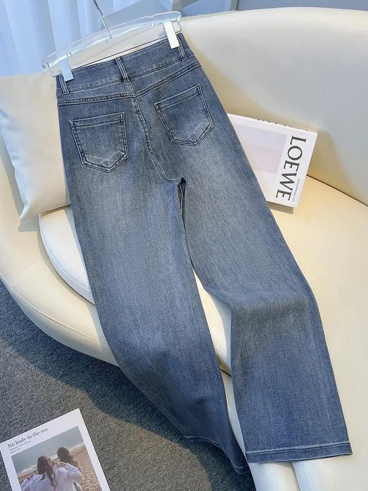 Narrow wide-leg straight jeans 2024 new women's summer thin popular style small spring style nine-point pants