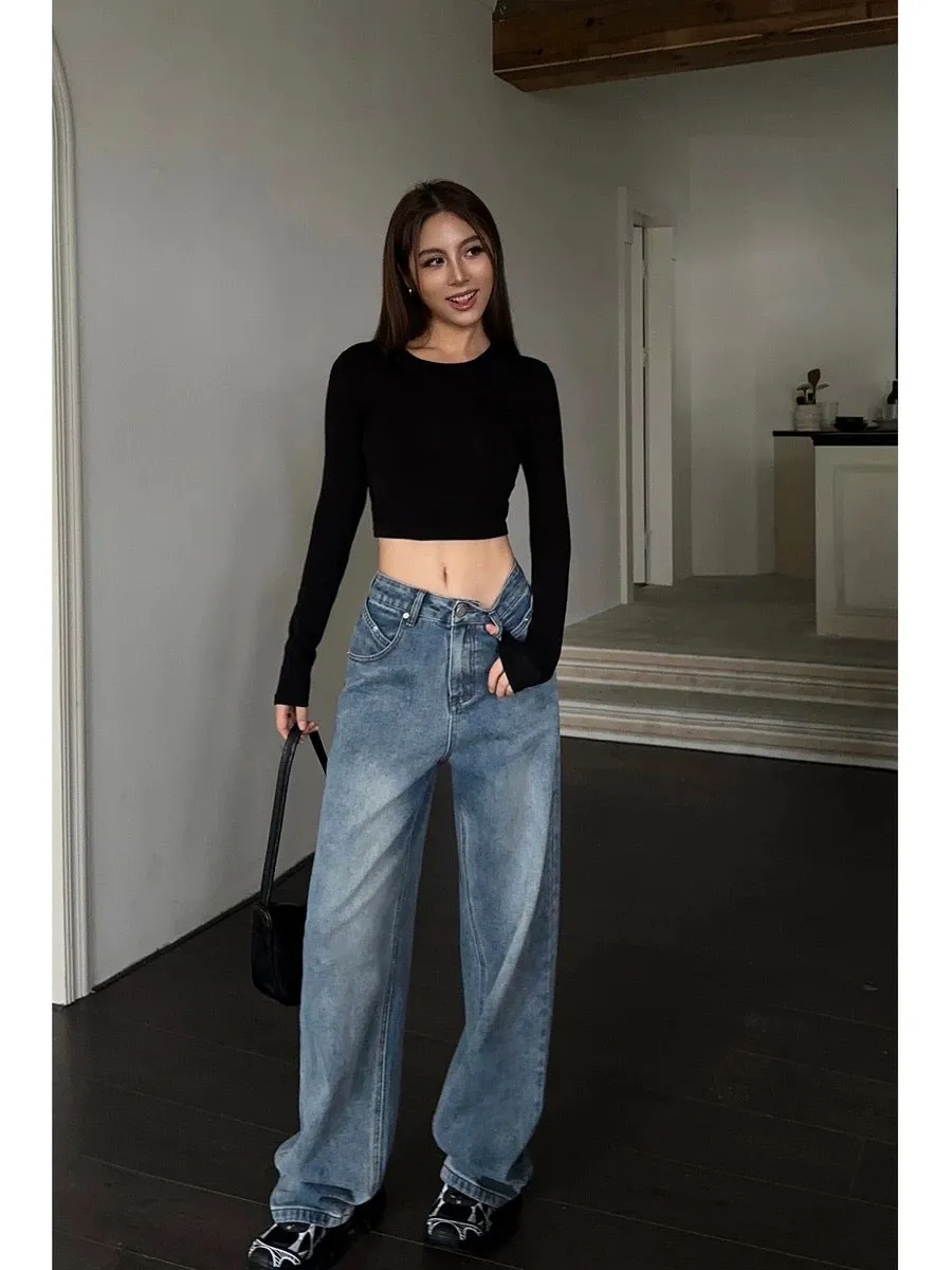 NEVA HU Blue Loose Wide Leg Jeans Women's 2023 Autumn New High Waist Slim Versatile Casual Pants