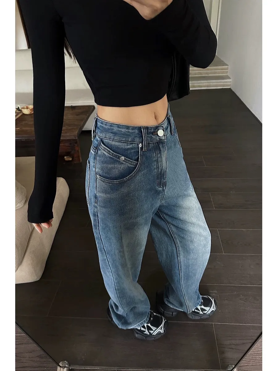 NEVA HU Blue Loose Wide Leg Jeans Women's 2023 Autumn New High Waist Slim Versatile Casual Pants