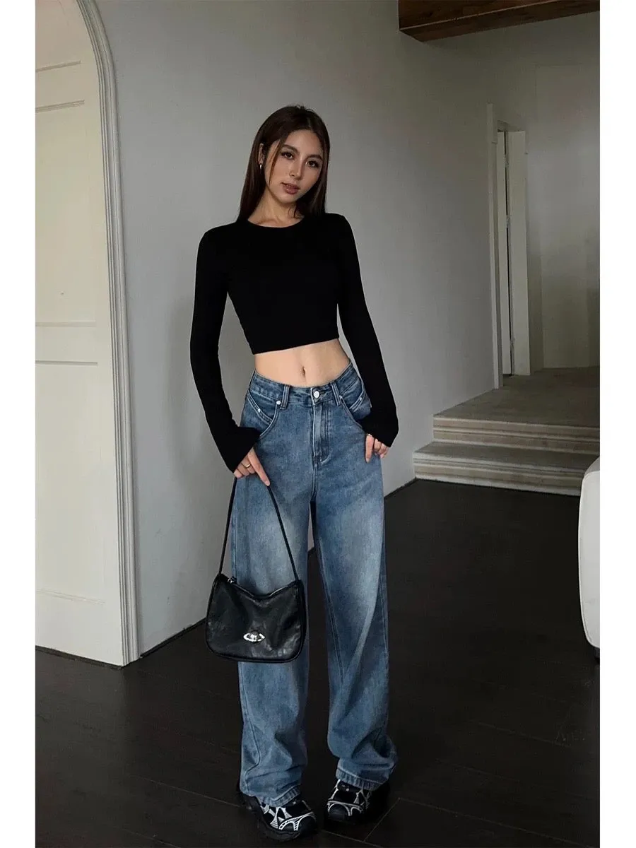 NEVA HU Blue Loose Wide Leg Jeans Women's 2023 Autumn New High Waist Slim Versatile Casual Pants