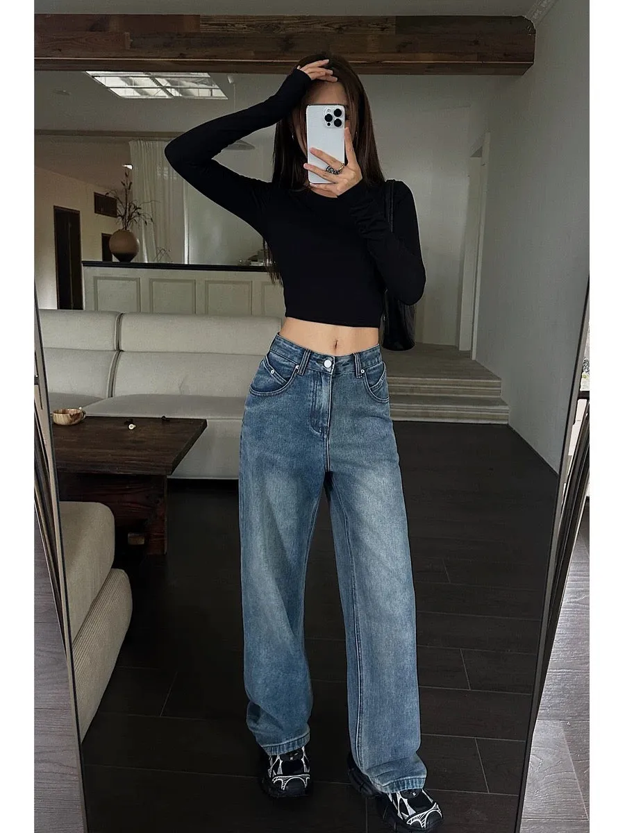 NEVA HU Blue Loose Wide Leg Jeans Women's 2023 Autumn New High Waist Slim Versatile Casual Pants