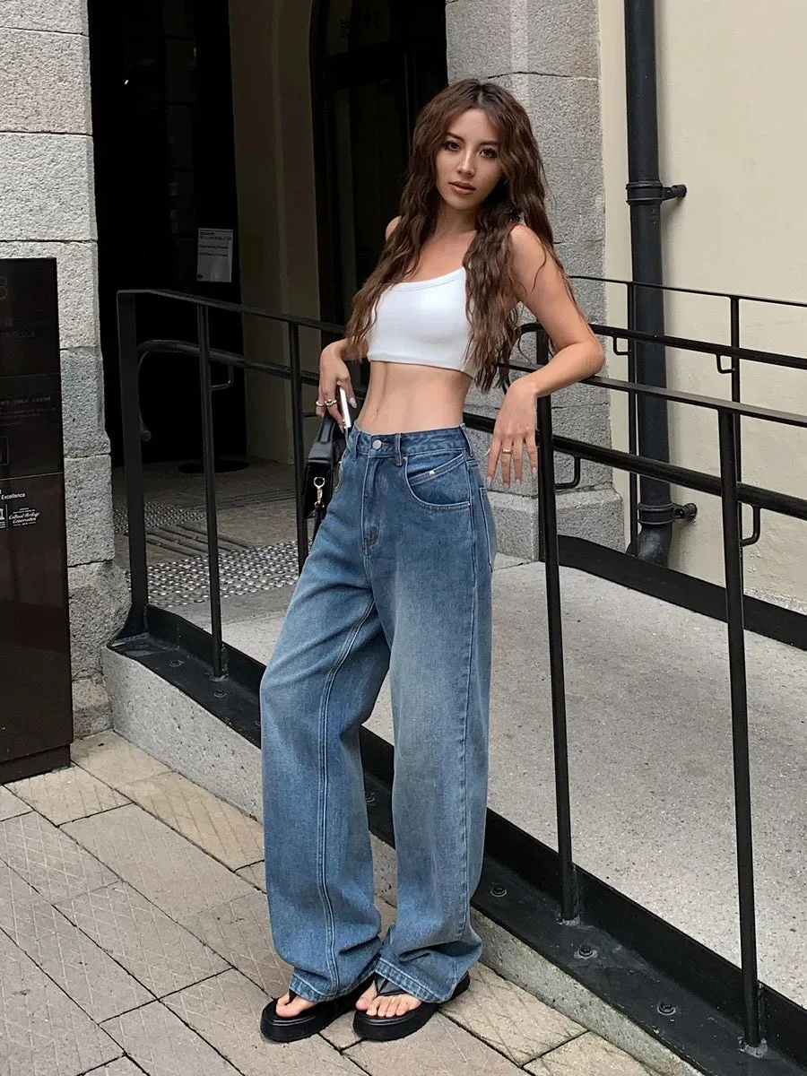 NEVA HU Blue Loose Wide Leg Jeans Women's 2023 Autumn New High Waist Slim Versatile Casual Pants