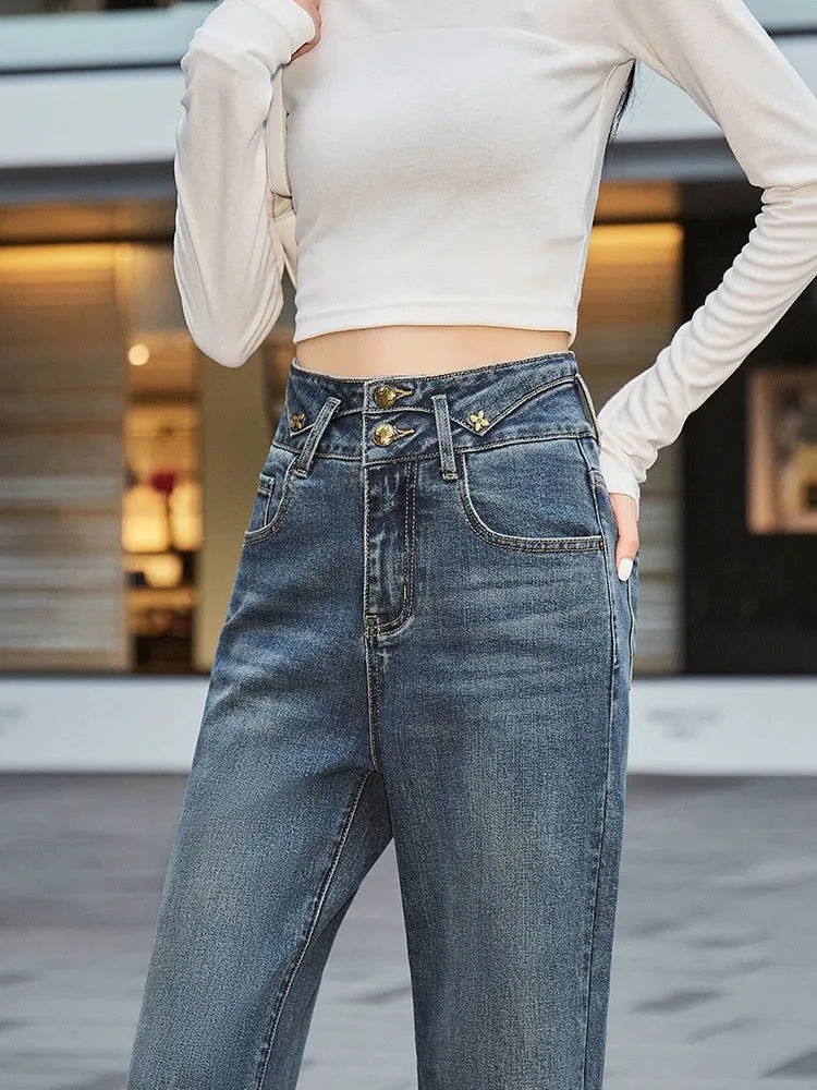 Nostalgic blue harbor style narrow straight wide-leg jeans for women, slim 2024 spring new elastic high waist drape