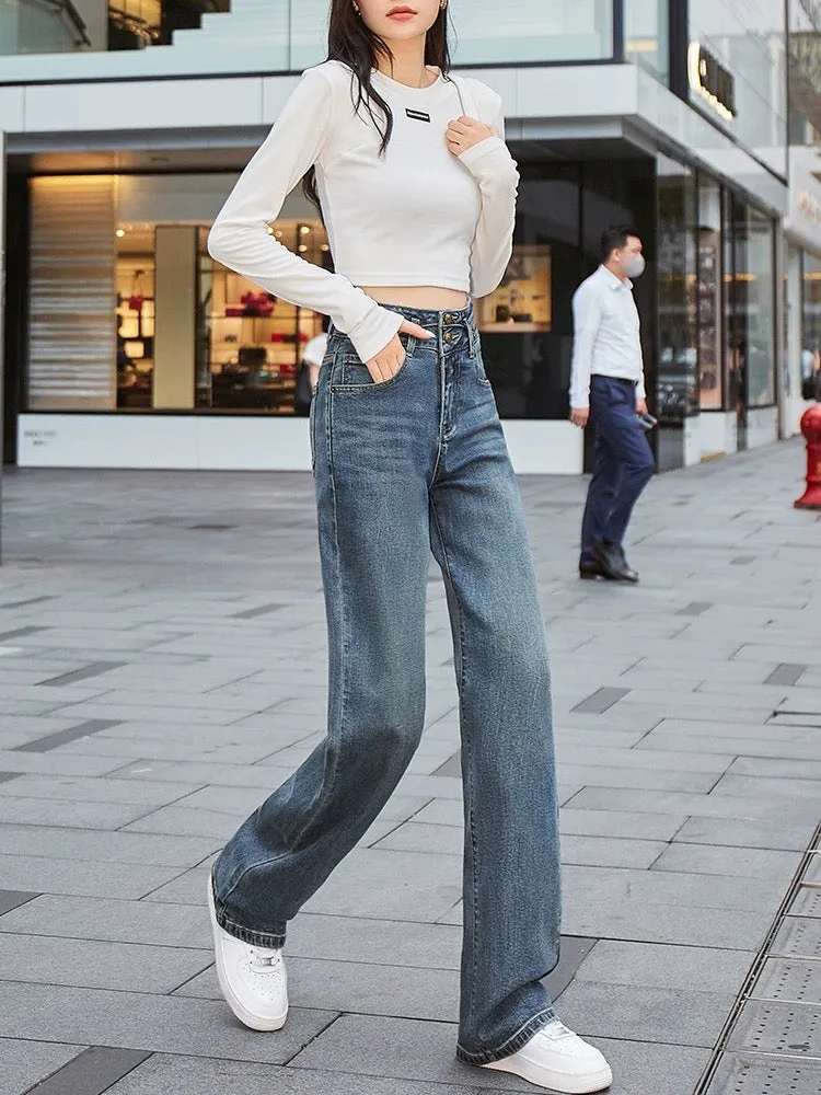 Nostalgic blue harbor style narrow straight wide-leg jeans for women, slim 2024 spring new elastic high waist drape