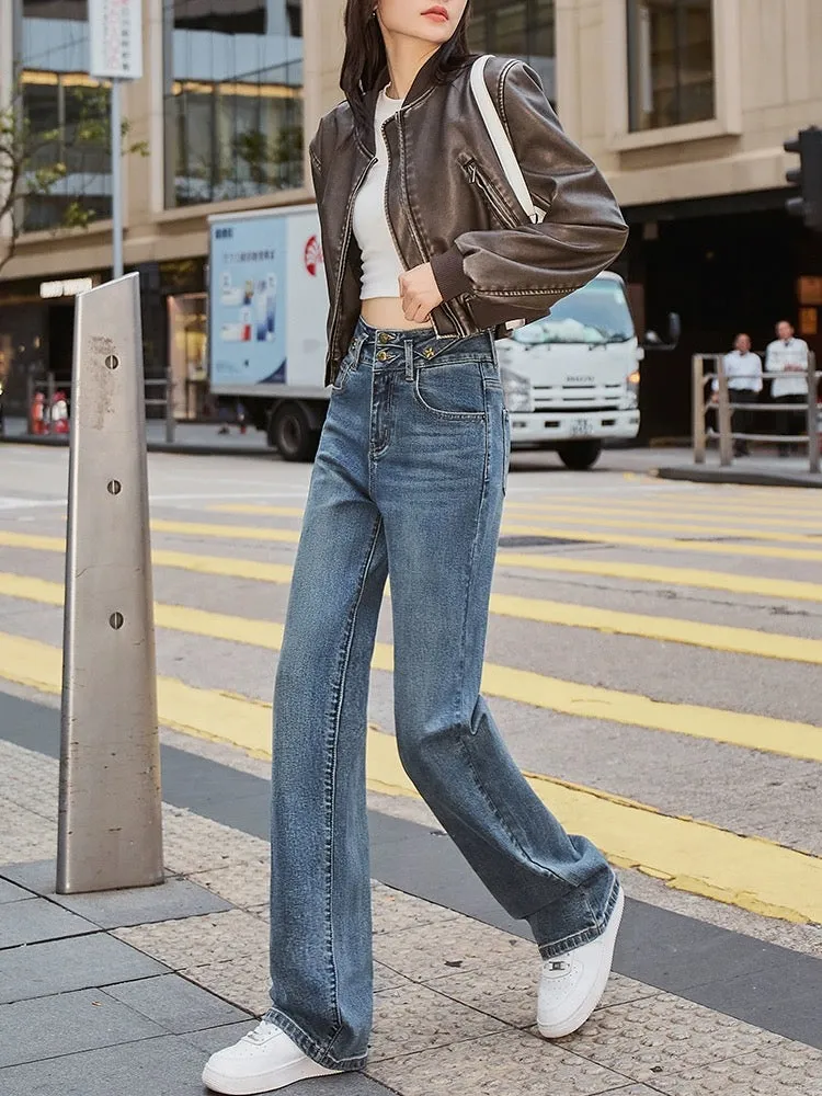 Nostalgic blue harbor style narrow straight wide-leg jeans for women, slim 2024 spring new elastic high waist drape