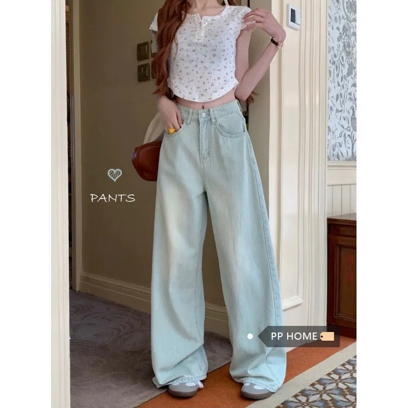 PPHOME Cream Floor-Mopping Pants ~ Tall Color Wide-Leg Jeans Autumn High-waisted Straight-leg Lightweight Floor-Mopping Pants