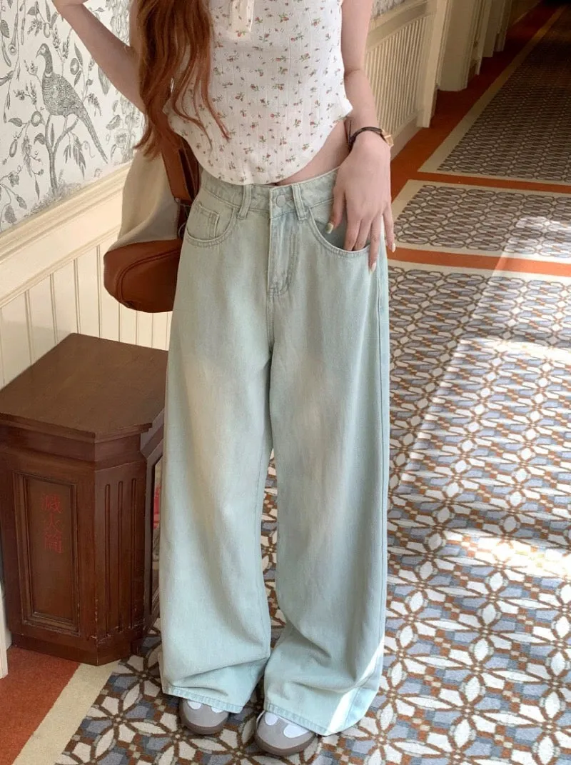 PPHOME Cream Floor-Mopping Pants ~ Tall Color Wide-Leg Jeans Autumn High-waisted Straight-leg Lightweight Floor-Mopping Pants