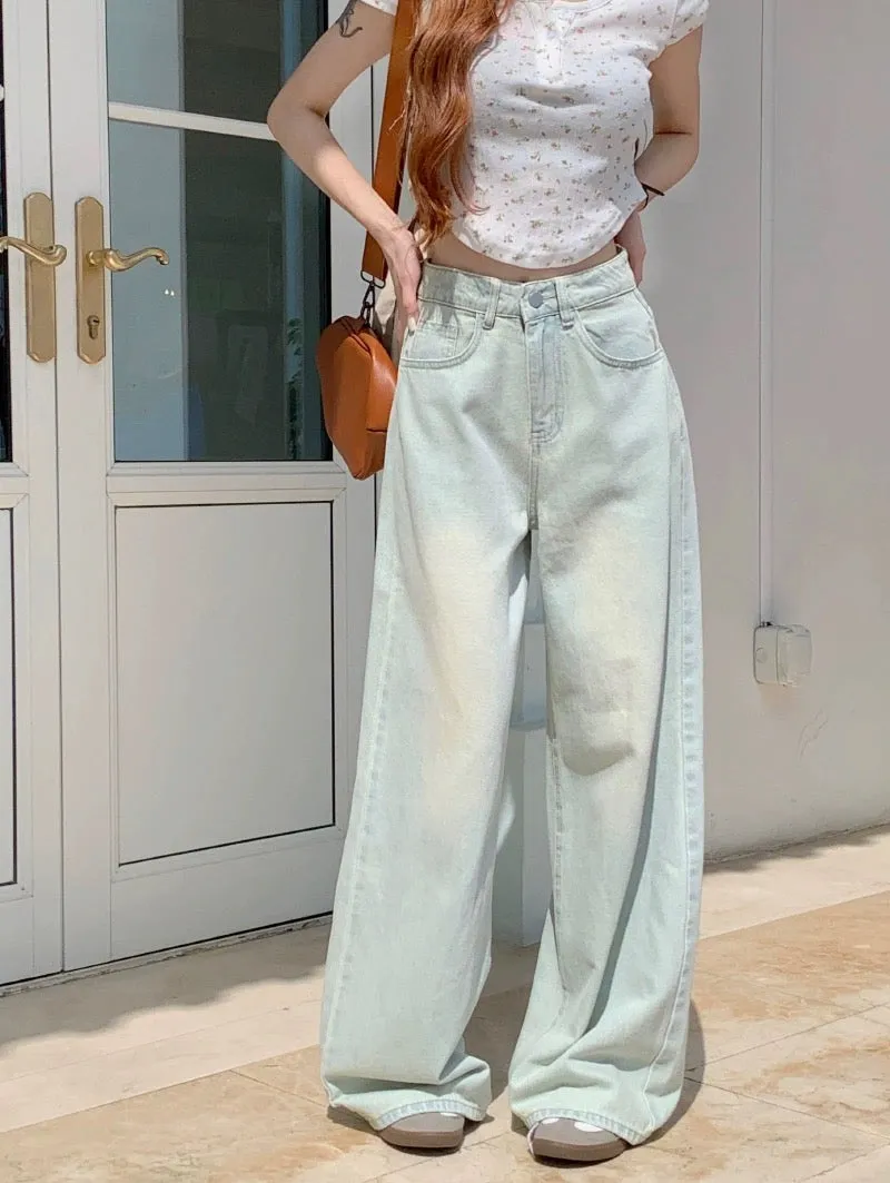 PPHOME Cream Floor-Mopping Pants ~ Tall Color Wide-Leg Jeans Autumn High-waisted Straight-leg Lightweight Floor-Mopping Pants