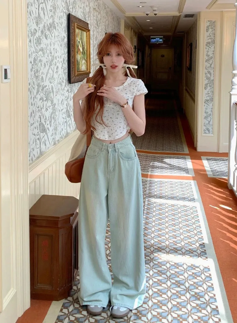 PPHOME Cream Floor-Mopping Pants ~ Tall Color Wide-Leg Jeans Autumn High-waisted Straight-leg Lightweight Floor-Mopping Pants