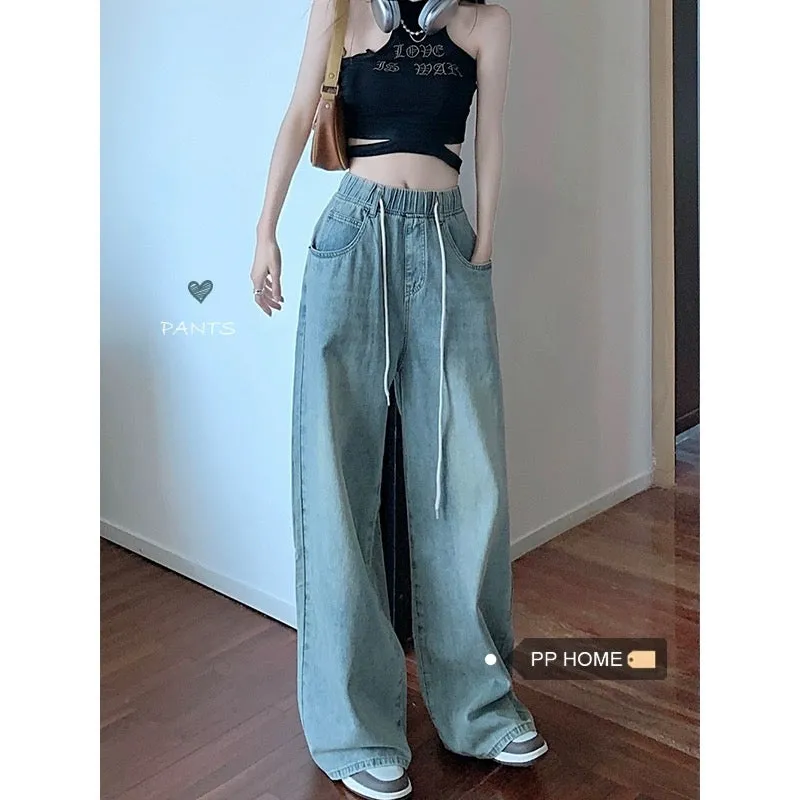 PPHOME oversized yuppie pants ~ tall drawstring elastic waist jeans for women high waist slimming loose wide leg pants