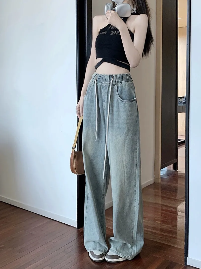 PPHOME oversized yuppie pants ~ tall drawstring elastic waist jeans for women high waist slimming loose wide leg pants