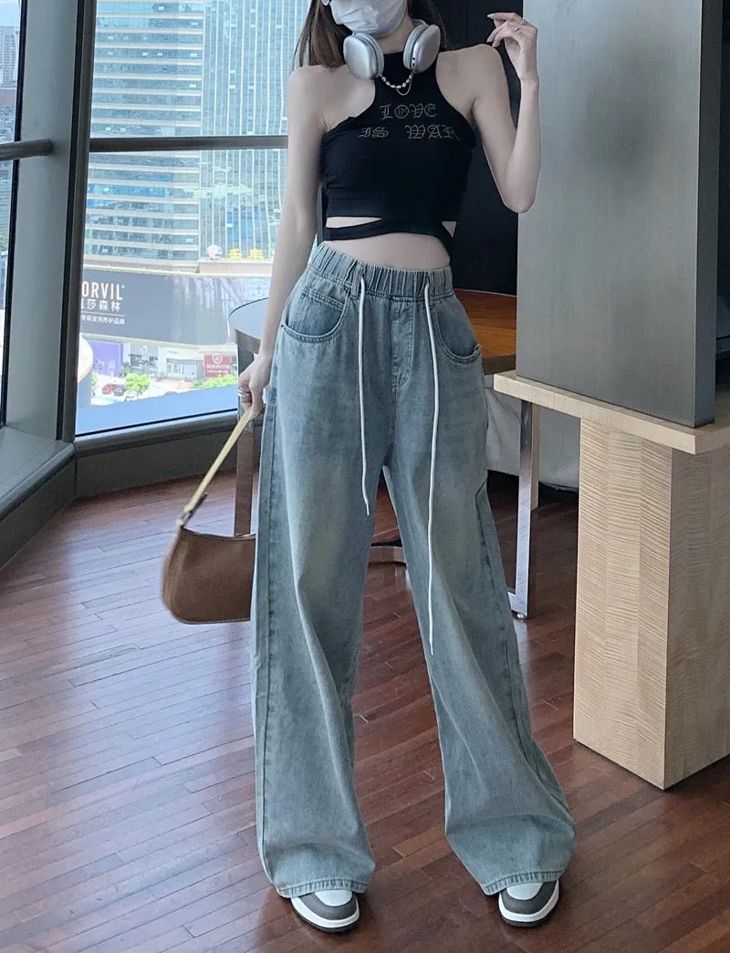 PPHOME oversized yuppie pants ~ tall drawstring elastic waist jeans for women high waist slimming loose wide leg pants