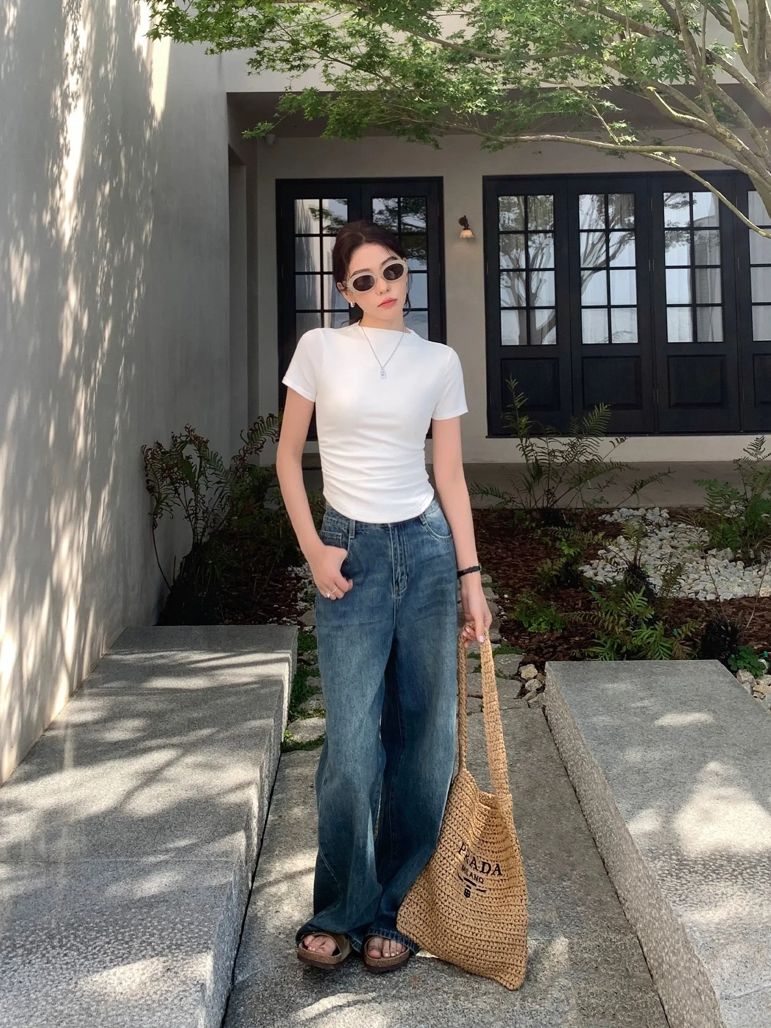 pusumede Retro Blue Straight Jeans Women's Summer 2024 Loose Slim Casual Wide Leg Floor-Mopping Pants