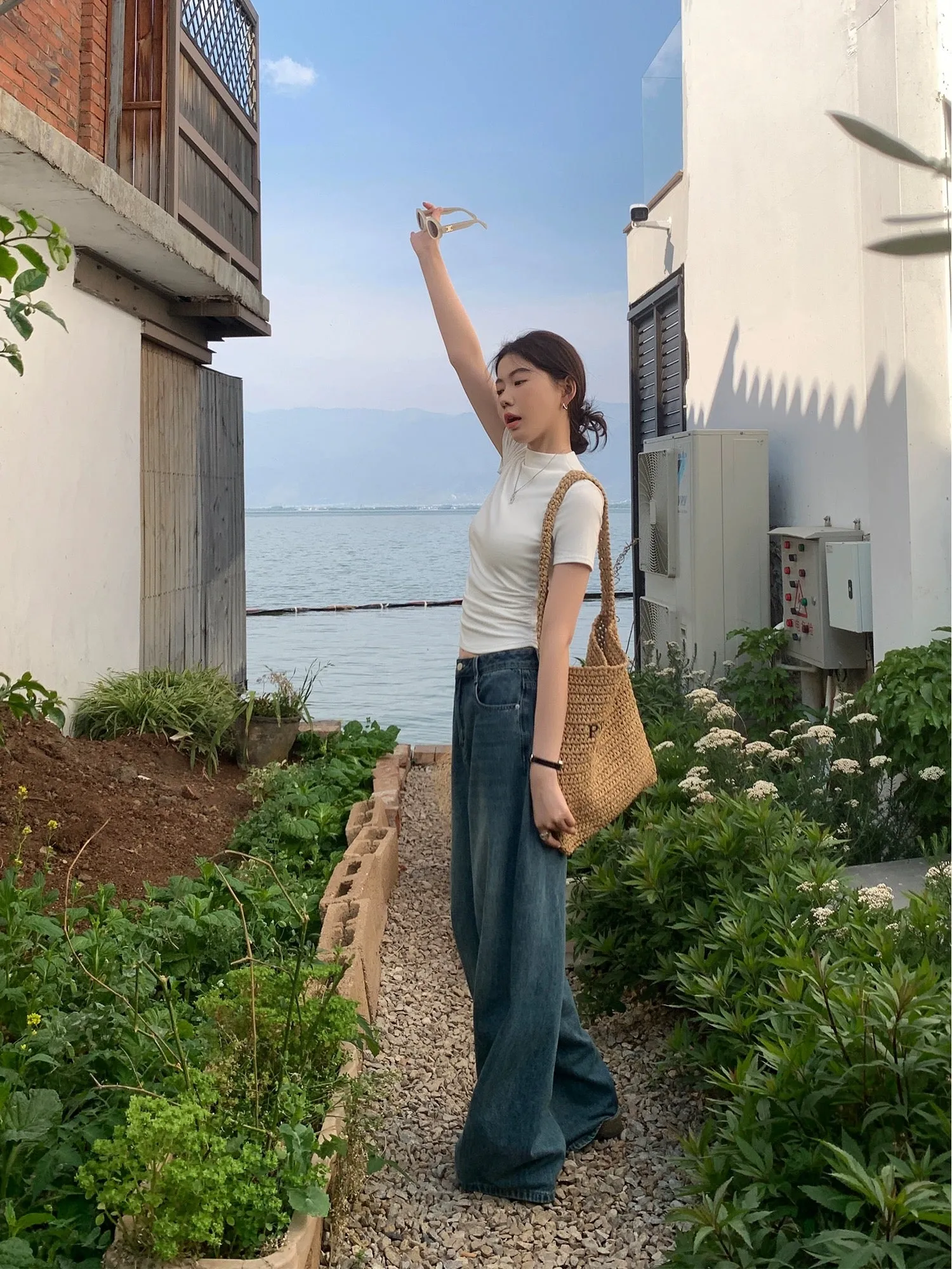 pusumede Retro Blue Straight Jeans Women's Summer 2024 Loose Slim Casual Wide Leg Floor-Mopping Pants