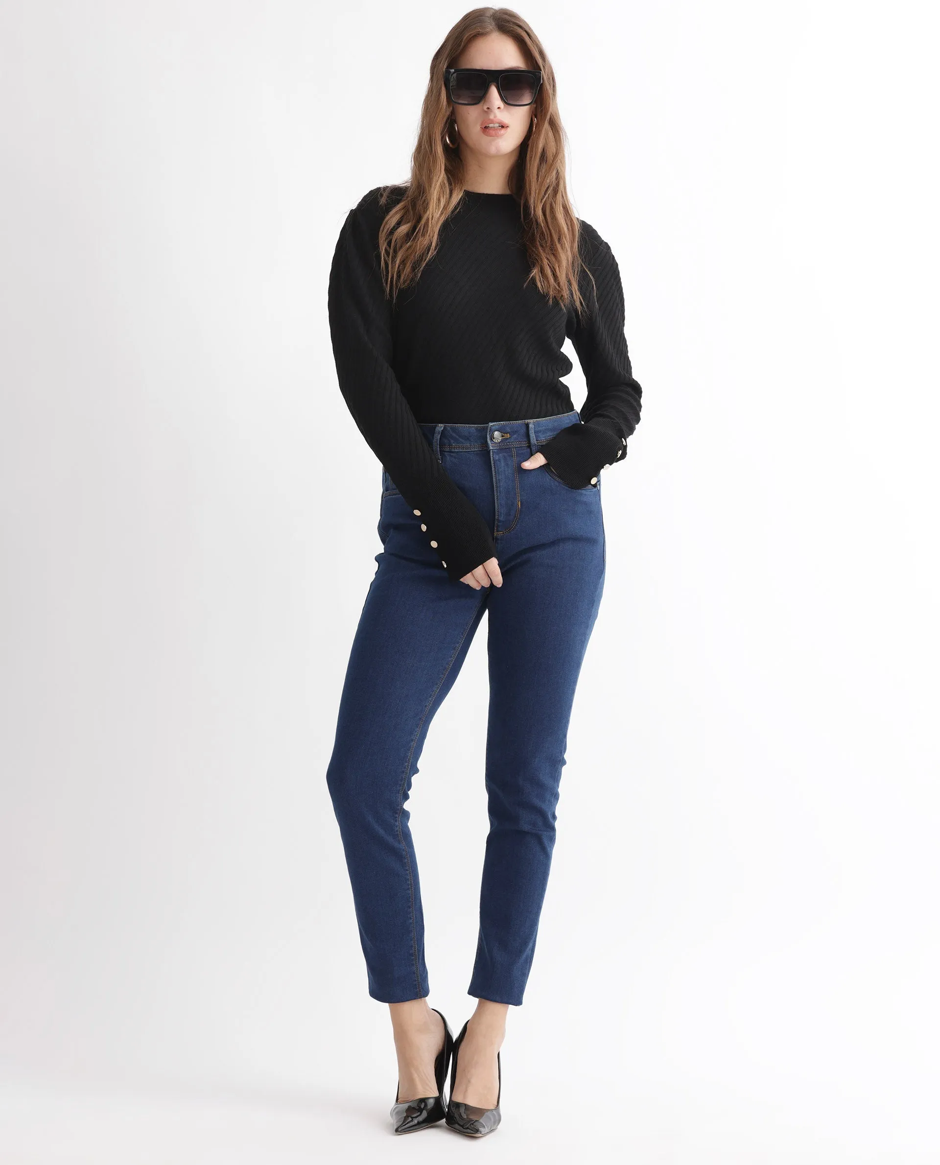 Rareism Women Pansy Navy Cotton Viscose Fabric Mid Rise Solid Slim Fit Ankle Length Jeans