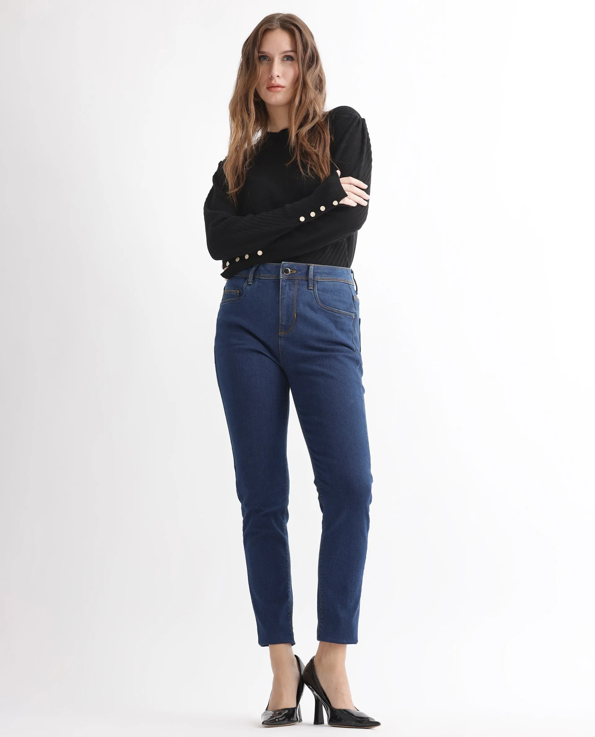 Rareism Women Pansy Navy Cotton Viscose Fabric Mid Rise Solid Slim Fit Ankle Length Jeans