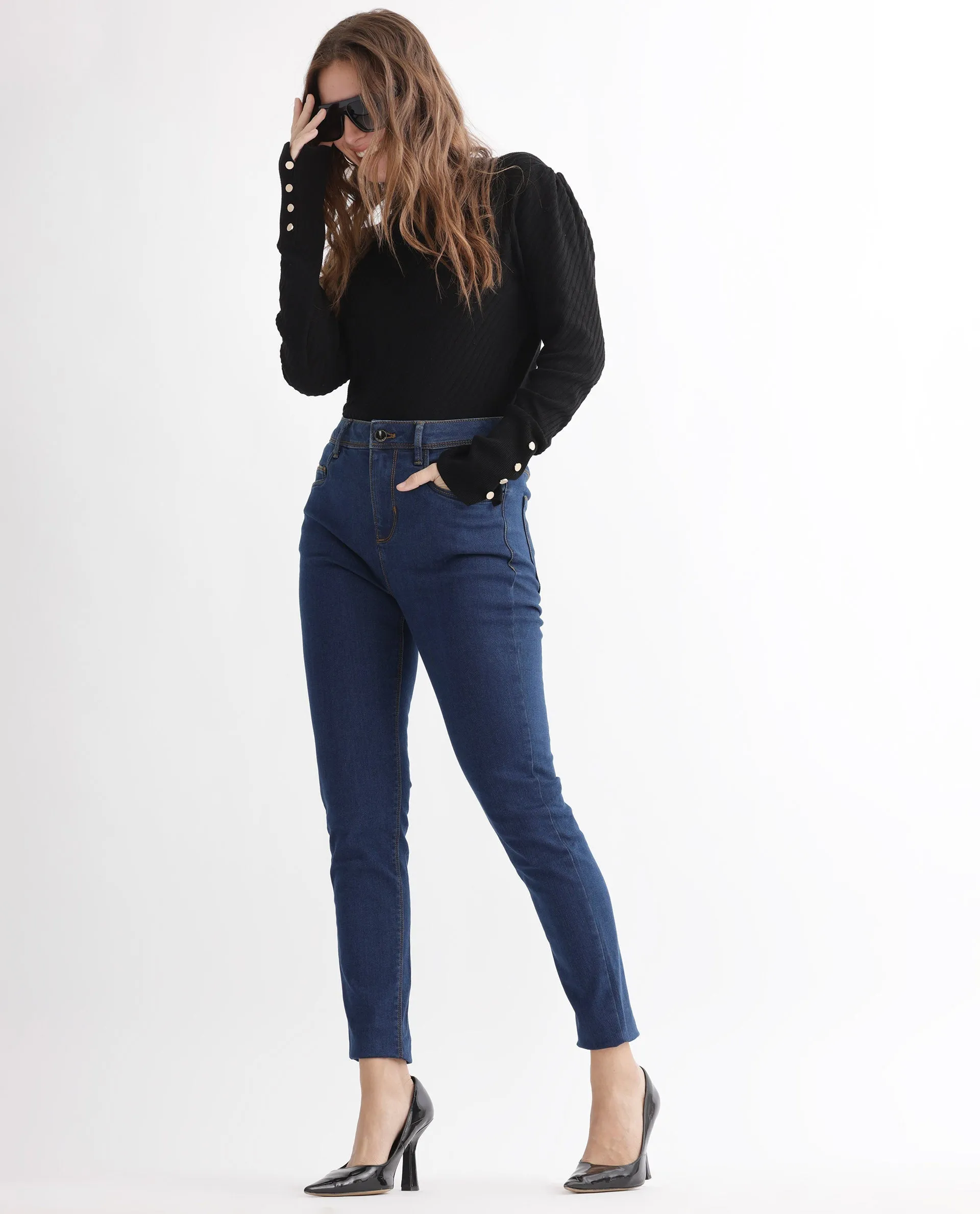 Rareism Women Pansy Navy Cotton Viscose Fabric Mid Rise Solid Slim Fit Ankle Length Jeans