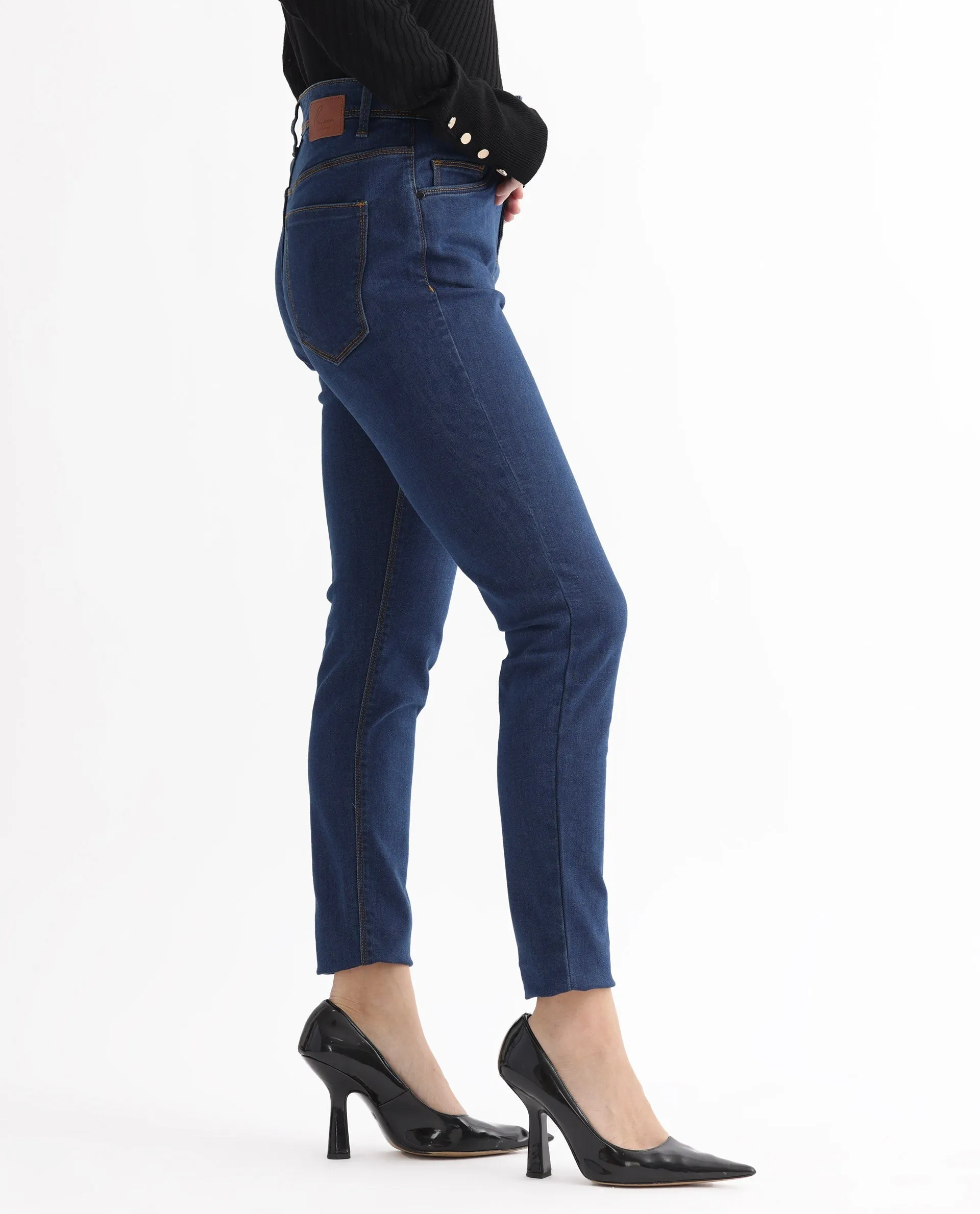 Rareism Women Pansy Navy Cotton Viscose Fabric Mid Rise Solid Slim Fit Ankle Length Jeans