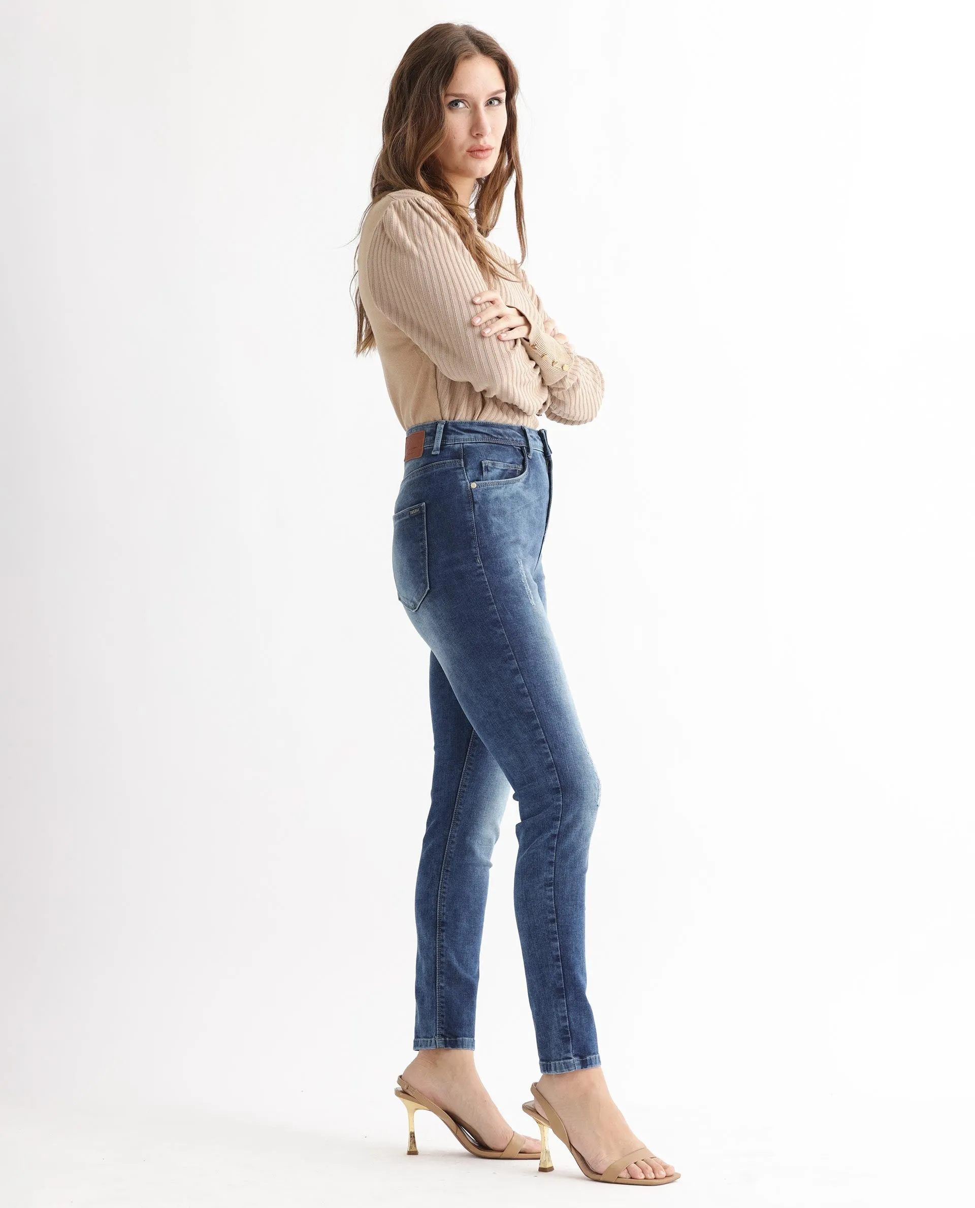 Rareism Women Snowtail Blue Cotton Lycra Fabric High Rise Solid Slim Fit Ankle Length Jeans