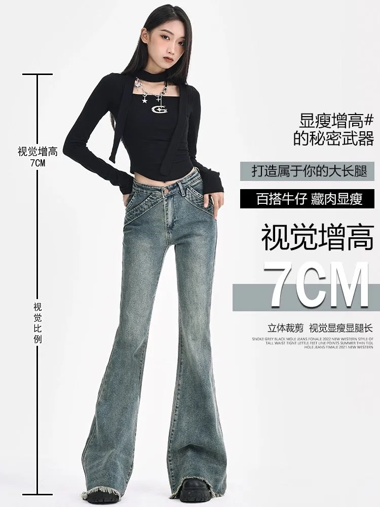 Retro design raw edge micro-flare jeans for women in spring low-waist hottie splicing elastic slimming floor-length trousers