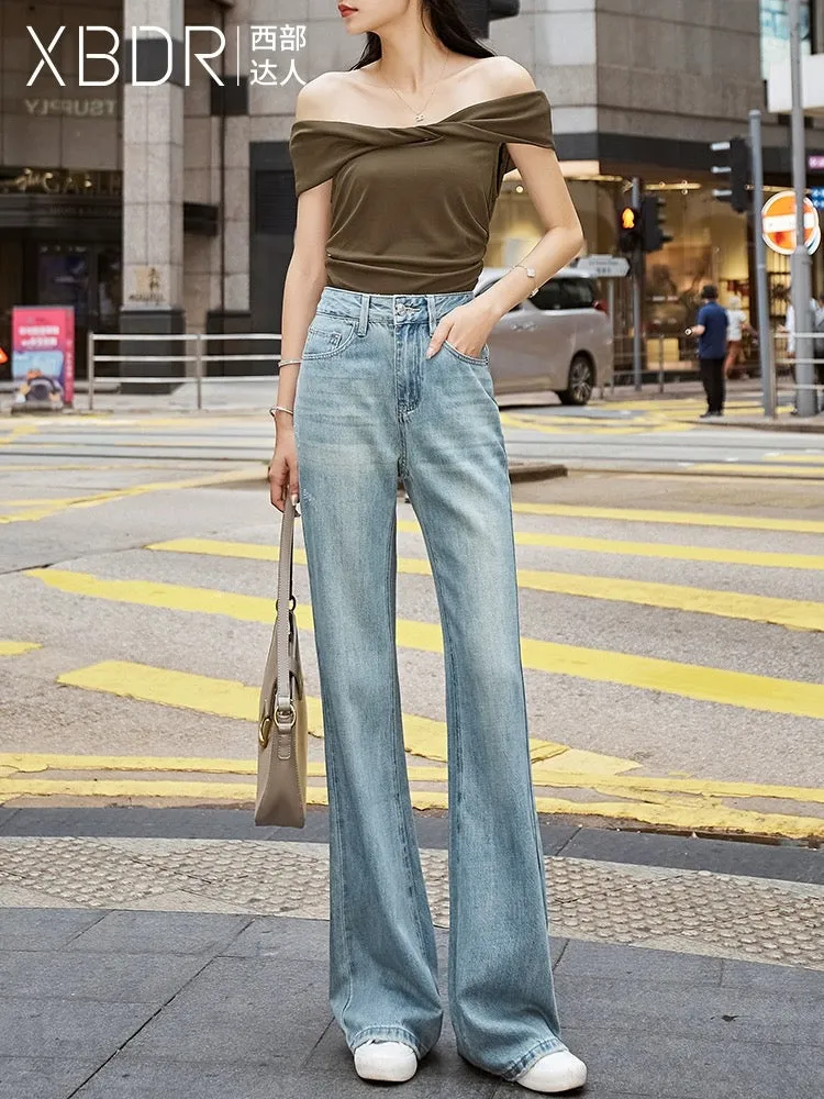 Retro high waist flared jeans for women, slim 2024 spring new style design, slim fit, drapey flared pants