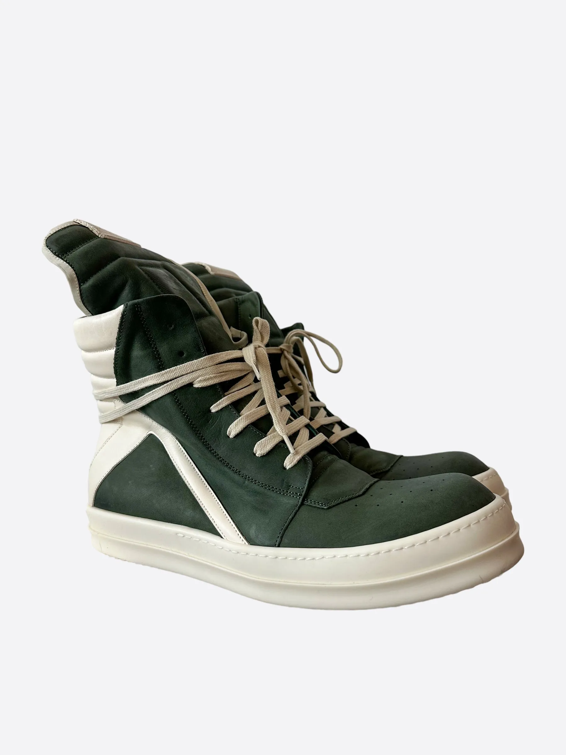 Rick Owens Olive & White Geobasket High Top Sneakers