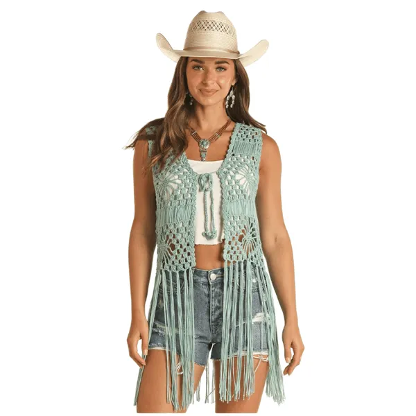 Rock & Roll Cowgirl Women's Turquoise Fringe Crochet Vest RRWT38R0ZG-86