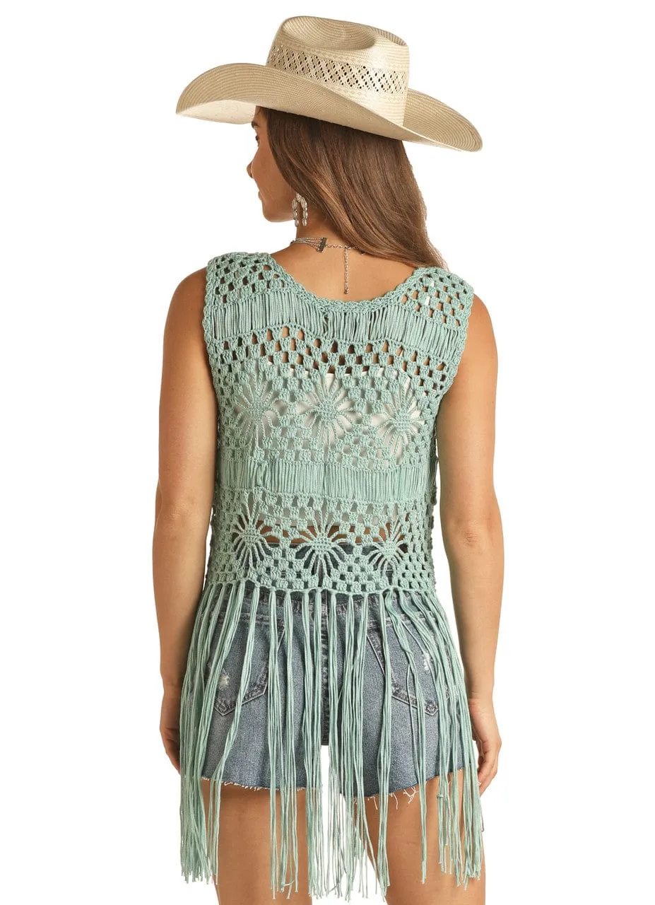 Rock & Roll Cowgirl Women's Turquoise Fringe Crochet Vest RRWT38R0ZG-86