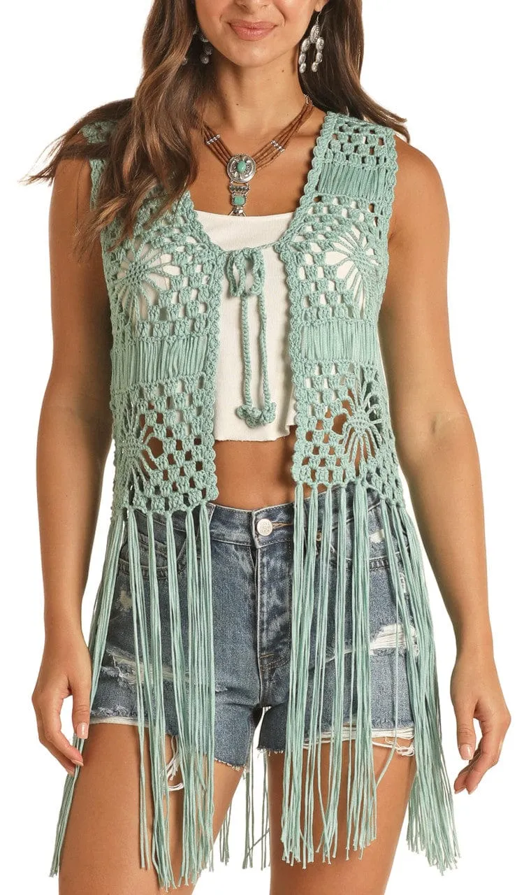 Rock & Roll Cowgirl Women's Turquoise Fringe Crochet Vest RRWT38R0ZG-86