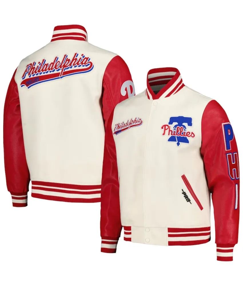 Script Tail Philadelphia Phillies Cream and Red Varsity Jacket 