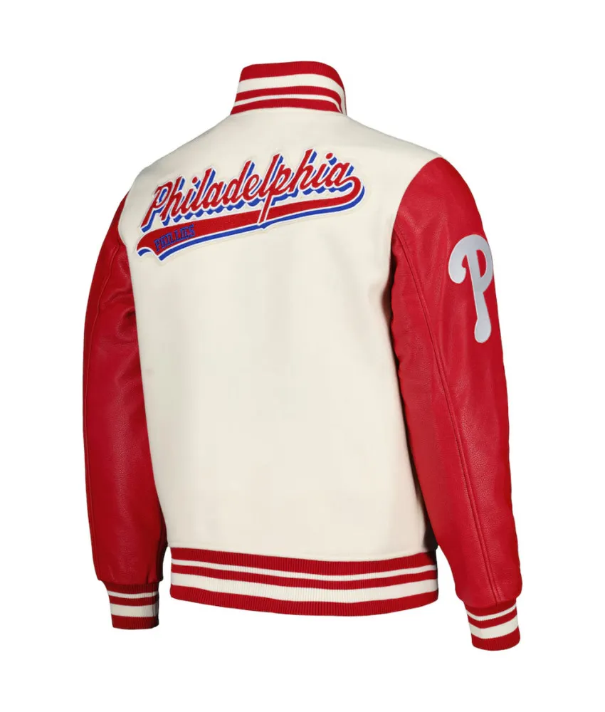 Script Tail Philadelphia Phillies Cream and Red Varsity Jacket 