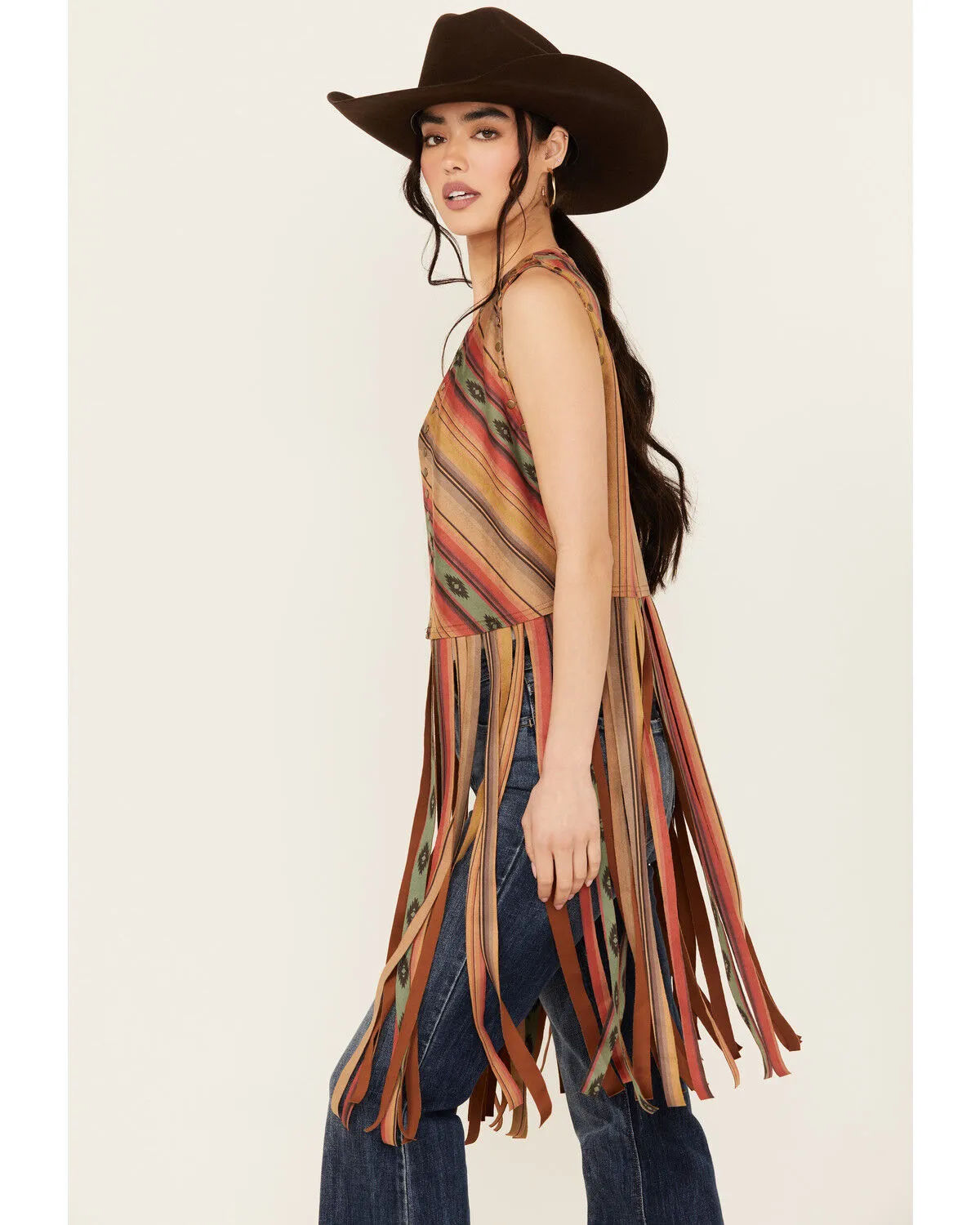 Scully Women's Serape Striped Print Fringe Vest