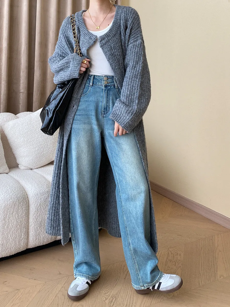 Sinan Good version recommendation Early autumn smooth and slim high waist straight jeans wide leg mopping pants SN3826