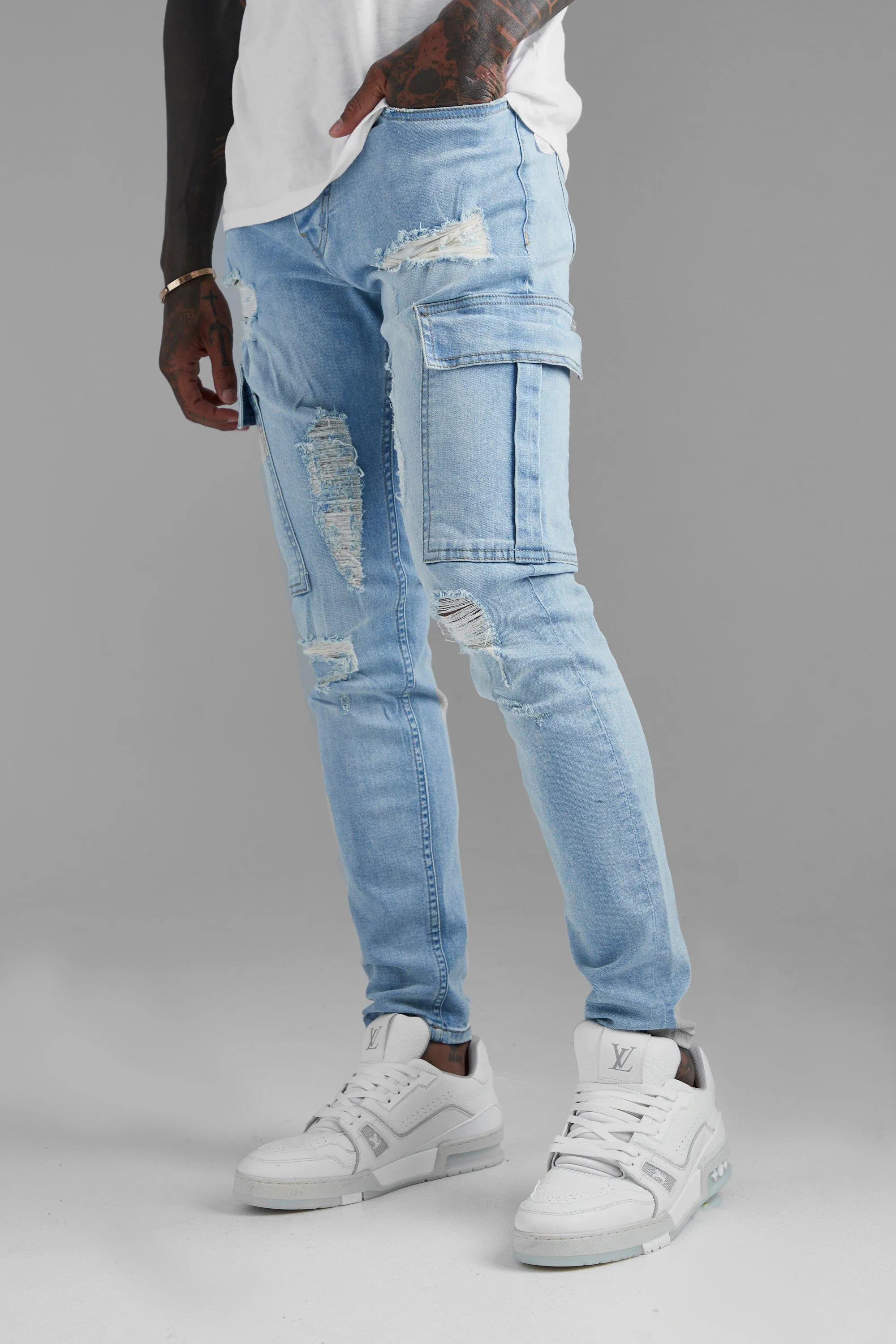 Skinny Stretch Rip & Repair Bandana Cargo Jeans