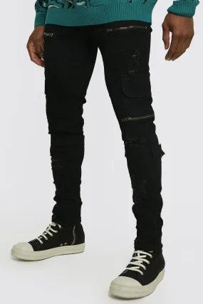 Skinny Stretch Zip Multi Strap Cargo Jeans